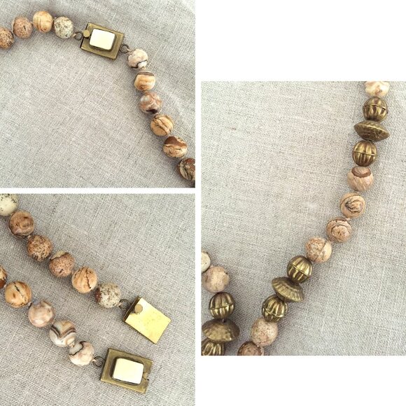 Vintage Jasper Beaded Necklace with Brass Charms - Picture 4 of 7